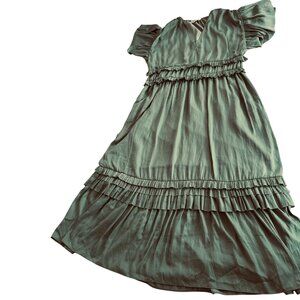 Bohme Sage Green Midi Dress With Ruffle & Puff Sleeves V-Neckline Womens XL